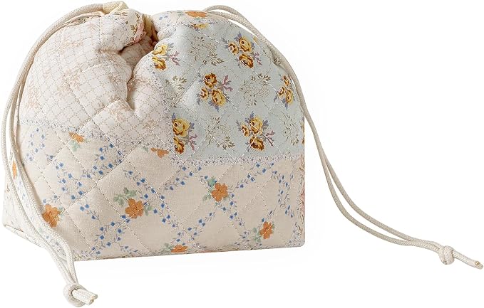 Cotton Quilted Drawstring Makeup Bag with Canvas Lining,Coquette Aesthetic Cute Travel Toiletry Bag,Drawstring Gift Bag for Women and Girls（08Pink Flower）
