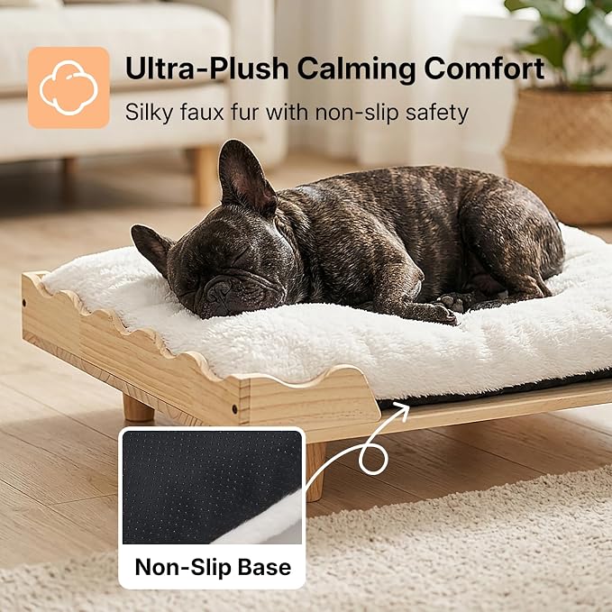 Veehoo Elevated Dog Bed for Small Dogs, Fancy Luxury Wooden Dog Bed Frame | Aesthetic Raised Pet Furniture, Low Entry, Sturdy Real Wood Frame, Soft Cushion, Non-slip Bottom, Easy Assembly, 28" x 22"