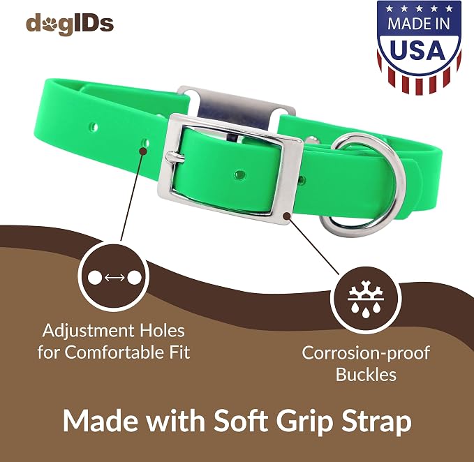 dogIDs Personalized Dog Collar – ScruffTag Custom Waterproof Biothane Dog Collar with Laser-Engraved Name, Durable & Odor-Resistant – USA Made | Bright Green, 1 in x 20 in (Fits Neck Sizes 18-22 in)