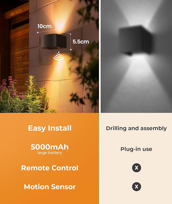 FULEN Motion Sensor Wall Light with Remote Control 3 Colors Wireless Wall Lamp LED Indoor Up and Down Wall Sconce 5000mAh Rechargeable Battery Powered Wall Lamps Brightness Adjustable, 2 Pack