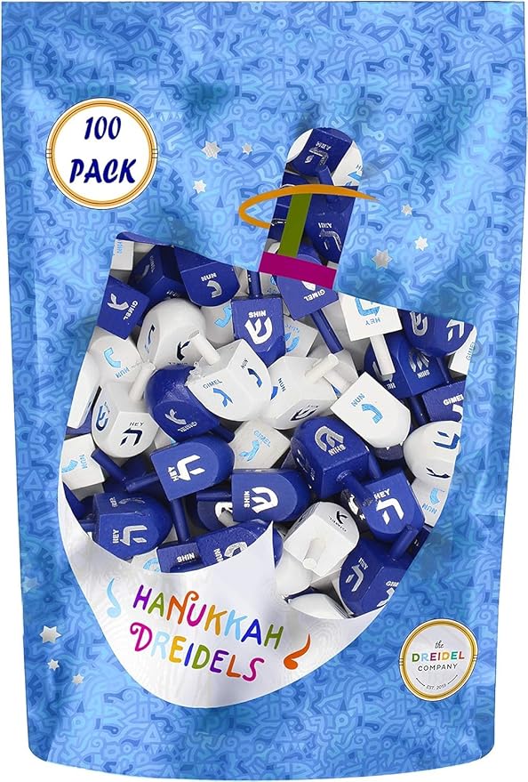 The Dreidel Company Wood Dreidel Bulk Solid Blue & White Wooden Hanukkah Dreidels Hand Painted with English Transliteration- Includes Game Instruction Cards (1000-Pack)