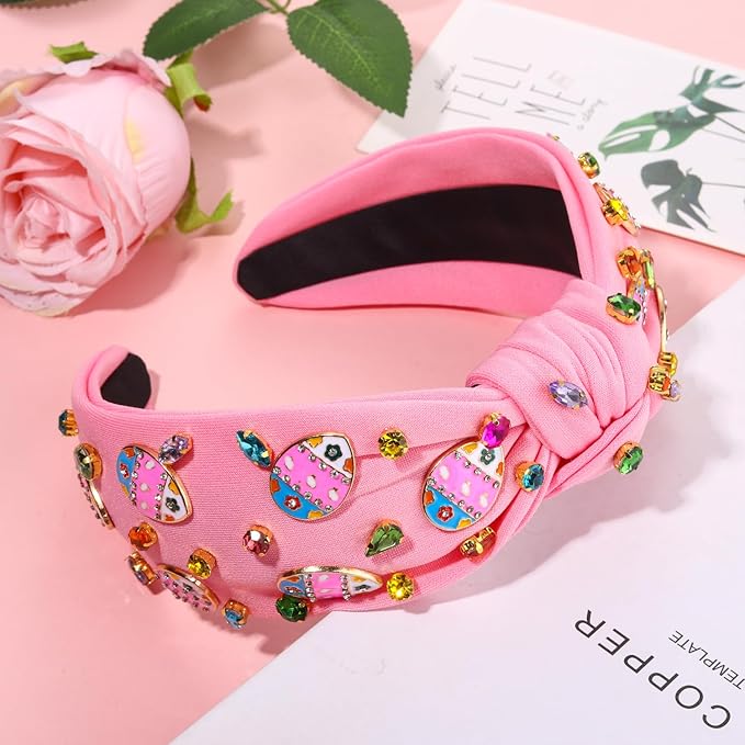 mokkia Easter Headbands Beaded Rabbit Bunny Headband for Women Pink Spring Knotted Headband Easter Hair Accessories Gifts