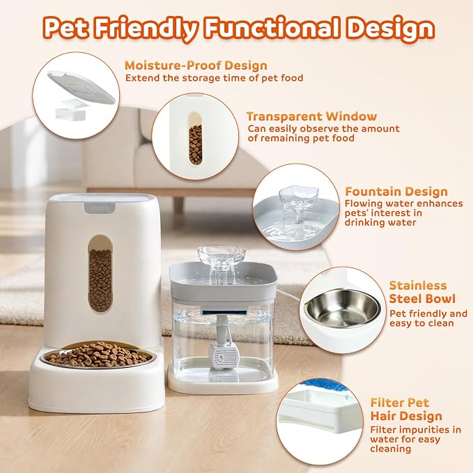 Automatic Cat Feeder Set, Water Fountain and Gravity Food Feeder, Large Capacity Set with Stainless Steel Bowl, Easy to Clean,Suitable for Kitten, Small and Medium Cat, Rabbit, and Small Pet