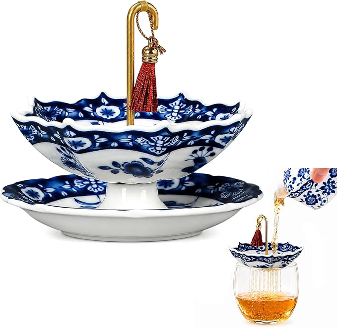 Umbrella Shape Ceramic Tea Strainer with 360° Rotating Drip Tray, Blue and White Porcelain Loose Leaf Tea Filter for 2.5-4 Inch Cups, Mugs and Teapots, Dishwasher Safe Reusable Tea Bag Alternative