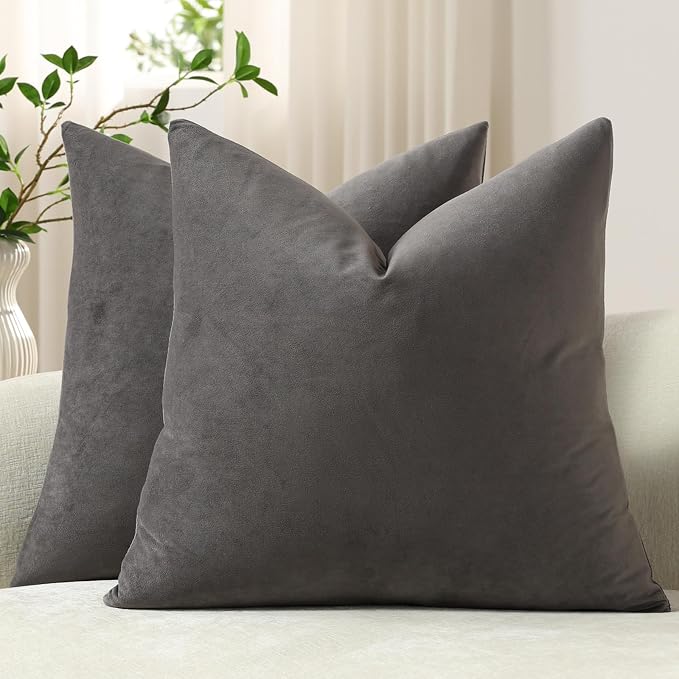 Euro Sham Covers 24x24 Dark-Grey: Pack of 2 Cozy Soft Velvet Square Modern Luxury Decorative Throw Pillow Cases for Sofa Couch Living Room Bed Home Decor