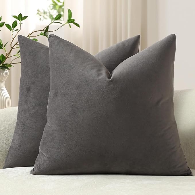 Euro Sham Covers 26x26 Dark-Grey: Pack of 2 Cozy Soft Velvet Square Modern Luxury Decorative Throw Pillow Cases for Sofa Couch Living Room Bed Home Decor