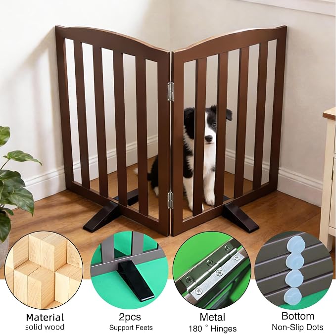 ZJSF Foldable Freestanding Indoor Dog Gate for House Wood Long Pet Gates Dog Fence for Stairs Puppy Gates for Hallways, Puppy Gate,Support Feet Included, Brown, 24 "Height-2 Panels