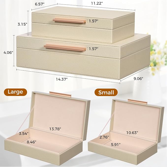Decorative Box, Decorative Boxes with Lids 2-Set, Memory Box for Keepsakes | Beautiful PU Leather Decorative Storage Boxes in Style, Decor Box with Rose Metal Handle, Store Photos, Documents Beige