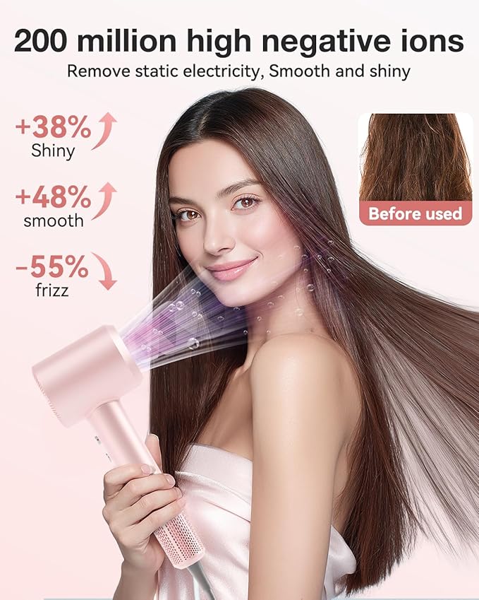 Hair Dryer, High-Speed Ionic Low Noise Blow Dryer with 160000 RPM Motor for Fast Drying, Thermo-Control Portable Hair Blow Dryer with Magnetic Nozzle for Home Travel Salon (P2306F Pink)