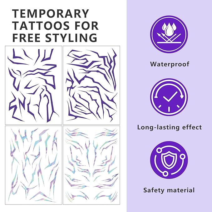 Purple Ombre Temporary Patterns Tattoo – Halloween Water Transfer Realistic Waterproof Body Art for Cosplay, Halloween, and Party Makeup (4 PCS)