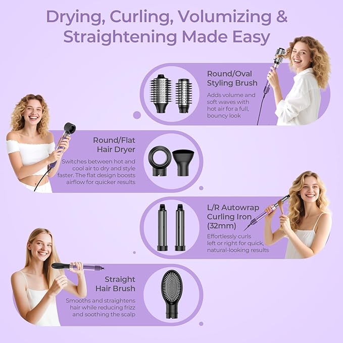 Vincofy 7 in 1 Blow Dryer Brush Set – Hot Air Styler for Fast Drying, Curling, Straightening & Volumizing – Ionic Hair Dryer Brush with 1200W Power – No Heat Damage for All Hair Types – Lilac