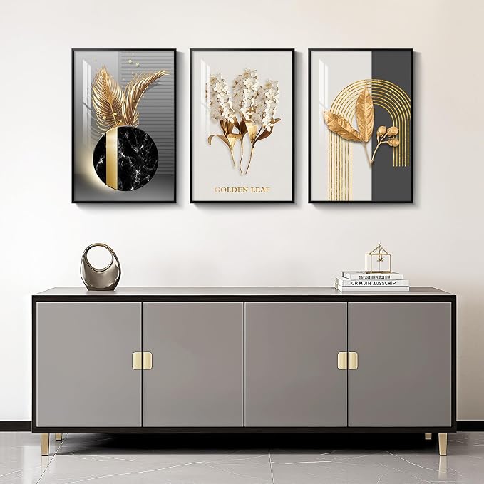 Framed Black and White Modern Luxury Wall Art, 3 Pieces Large Contemporary Prints Paintings Artwork for Walls, Set of 3 Golden Leaf Pictures for Living Room, Hallway, Bedroom, Office Wall Decor 16x24 Inch