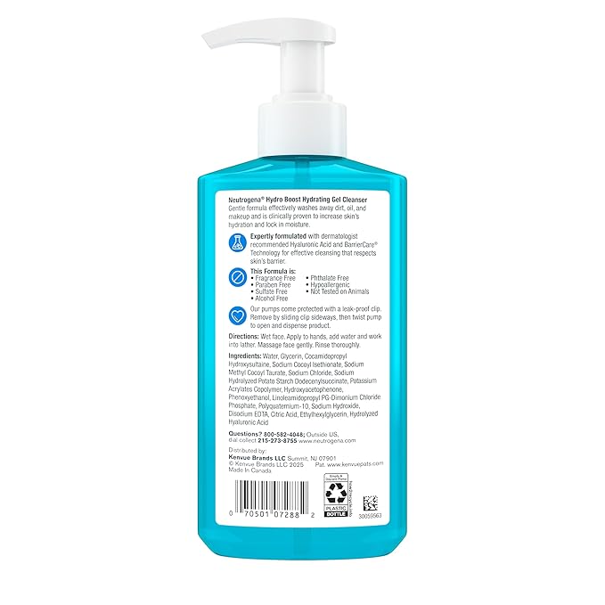 Neutrogena Hydro Boost Face Wash, Fragrance Free, Hydrating Facial Cleanser with Hyaluronic Acid, Daily Foaming Face Wash & Makeup Remover, Hypoallergenic Gel Cleanser, 12 fl. oz