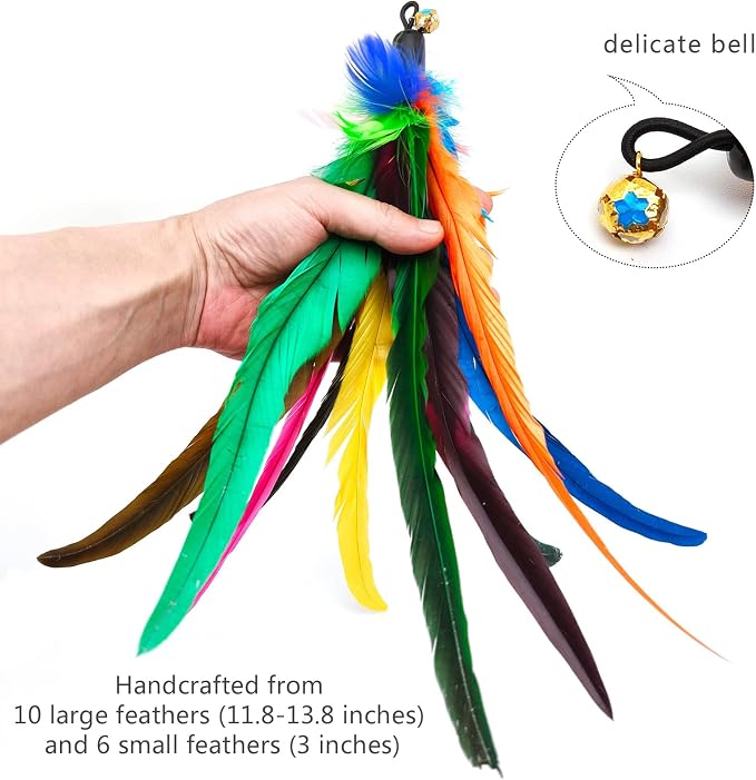 miwoowim 6PCS Cat Wand Toy Refills: 2 Extra-Large & 4 Standard Feathers | Handcrafted Da Bird feathers with bells for allure. Non-toxic, durable, and compatible with most standard teaser wand toys