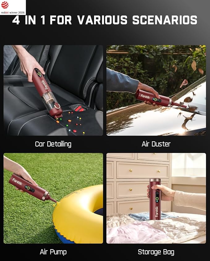 Fanttik Slim V10 APEX Cordless Car Vacuum, 4-in-1 Portable Mini Handheld Vac, Upgraded Smart Digital Display, 19kPa Suction Power, 2 Suction Modes for Small Jobs, Car, Office Desk, Keyboards (Red)