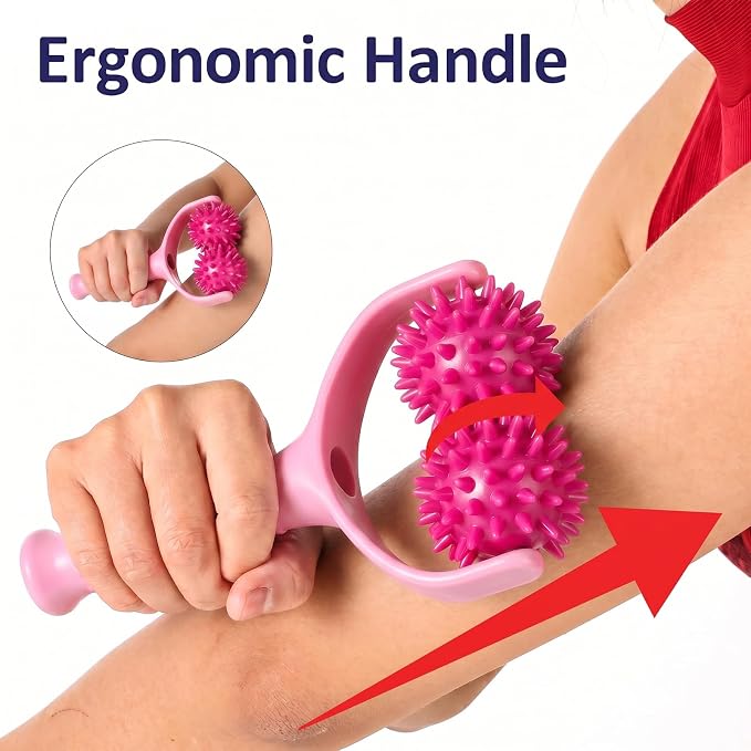 Handheld Spiky Massage Balls Rollers, 2 Wheel Spiky Silicone Manual Massage Roller with Ergonomic Handle, Portable Pressure Point Muscle Massages Tool for Foot Arm Body Neck Leg Pain Pressure Relief