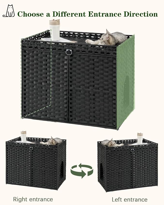 SETVSON Cat Litter Box Enclosure Furniture, Hidden PE Rattan, Black | Large Double-Door PE Rattan Kitty House, Fits Large Covered Litter Boxes, 2 Litter Mats, 2 S-Hooks, Metal Frame