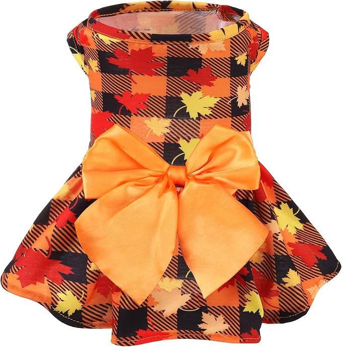 PUPTECK Plaid Dog Dress with Bow Puppy Clothes for Autumn Maple Leaf M | Puppy Doggie Pet Clothes Outfits Apparel Costume for Wedding Anniversary Holiday Photoshoot for Small Medium Large Dogs Girl