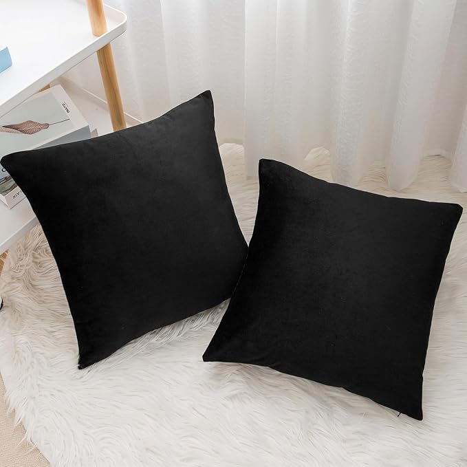 Velvet Decorative Throw Pillow Covers, Soft Square Cushion Case Home Decor for Living Room Couch Bed Sofa, Set of 2 Pack, Black, 16x16 Inch