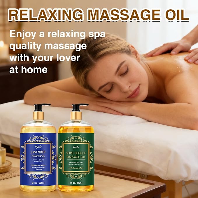 Pjordo 2 Pack Body Massage Oil for Massage Therapy, Sore Muscle Arnica Oil & Lavender Massage Oil for Pain Relief, Massage Relaxing Oil for Calming, Soothes Joints & Muscle, Spa Gift for Him Her