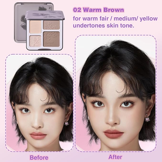 Face Highlighter Contour Shading Palette Sculpting Long-lasting Shimmer Pressed Powder Smooth Matte Finish Makeup for Warm Fair Toned Skin with Mirror