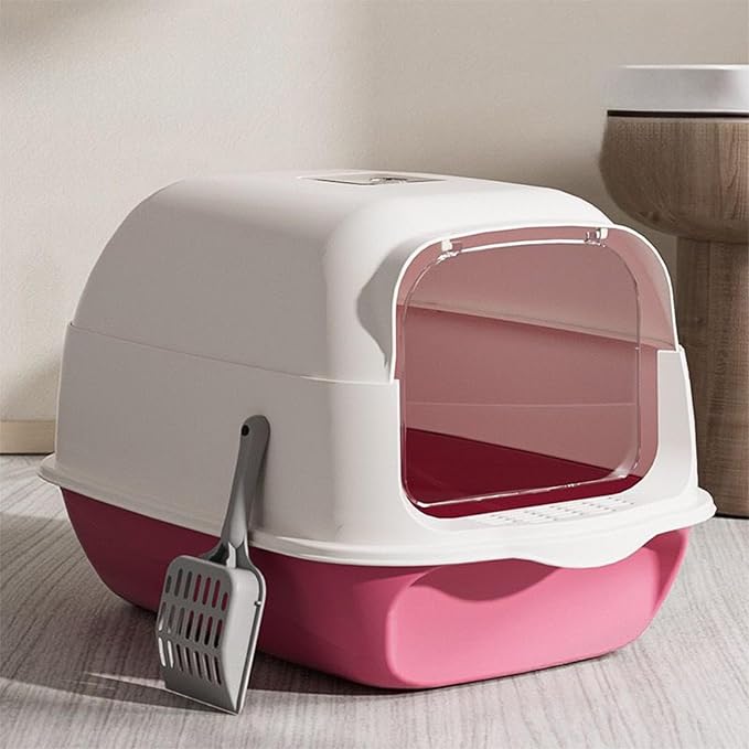 Large Enclosed Cat Litter Box with Lid, Scoop, Kitty Covered Litter Boxes | Pink Litter Pan Enclosed Potty, Anti-Splashing Toilet, For Cats Litterbox Including Scoop For Indoor Use Cat Owners Gifts