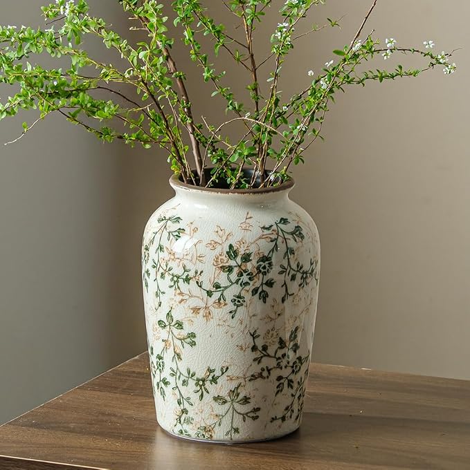 Ceramic Flower Vase for Home Decor, Green Vintage Decorative Vase 8 Inch | Rustic Farmhouse Floral Vase for Living Room, Bookshelf, Coffee Table, Kitchen, Mantel, Entryway, Wedding Centerpiece