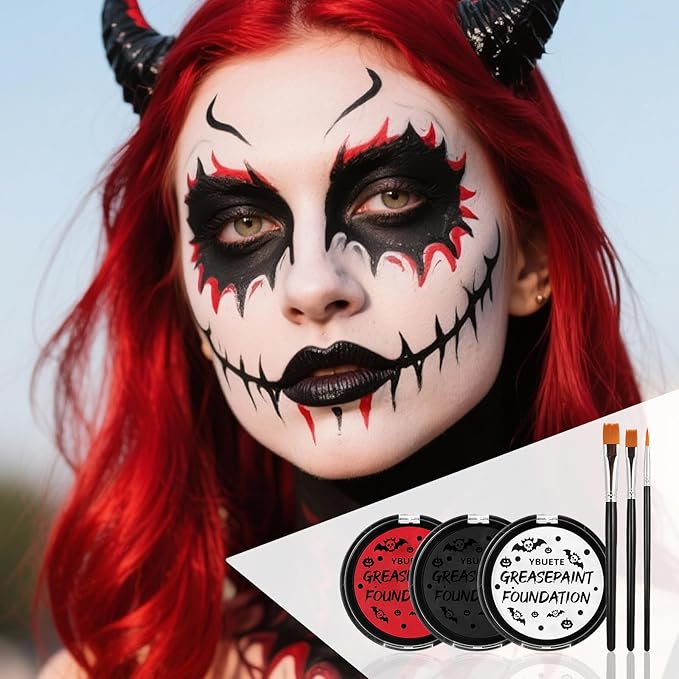 Red Black White Oil Based Face Paint Kit with Painting Brushes, Professional Full Coverage Greasepaint for Adults Halloween Cosplay SFX Spider-man Joker Devil Makeup Carnival Stage