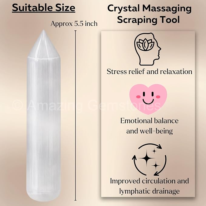 Amazing Gemstone Selenite Crystal Wand Massage Stick - Pelvic Wand Gua Sha for Adults - Crystals and Healing Stones Massage Wands for Adults Gifts (Pointed)