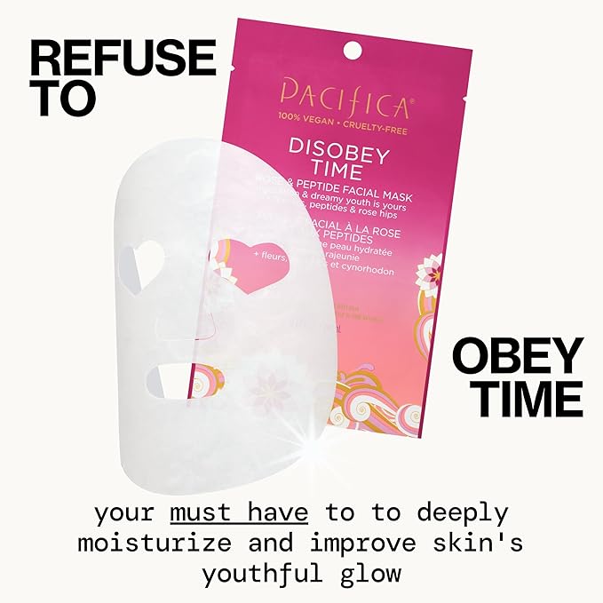 Pacifica Disobey Time Rose & Peptide Facial Sheet Mask Hydrating Anti-Aging Mask for Fine Lines & Dry Skin Infused w/Hyaluronic Acid & Chamomile Clean Beauty Vegan & Cruelty-Free Dermatologist Tested