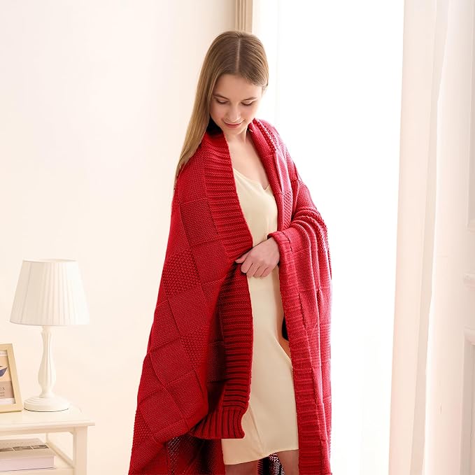 CozeCube Christmas Red Knitted Checkered Throw Blanket 60"X80" | Check Knit Throw for Couch, Decorative Christmas Soft Cozy Warm Blanket for Bed Sofa Living Room