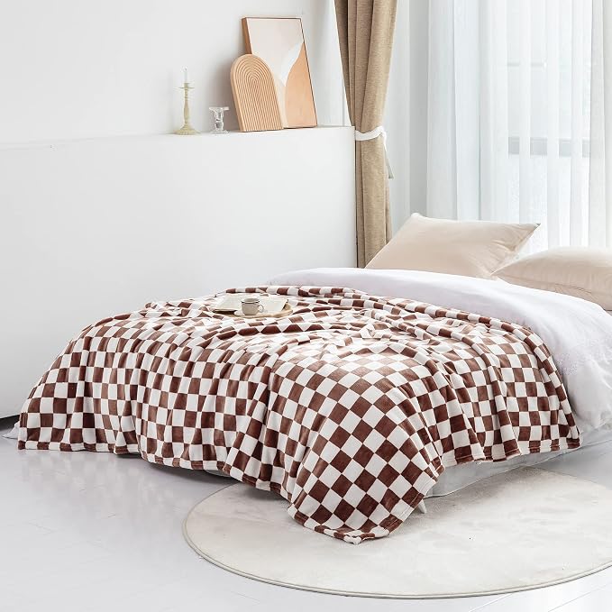 LOMAO Throw Blankets Flannel Blanket with Checkerboard Grid Pattern Soft Throw Blanket for Couch, Bed, Sofa Luxurious Warm and Cozy for All Seasons (Coffee, 60"x80")
