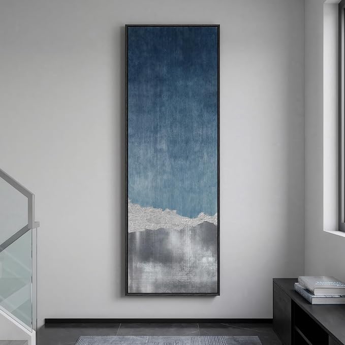 Large Framed Blue Gray Landscape Abstract Wall Art, Long Vertical 20x60 In | Blue grey paintings, Canvas prints, Modern artwork, Tall narrow pictures, Wall decor for hallway living room bedroom dining