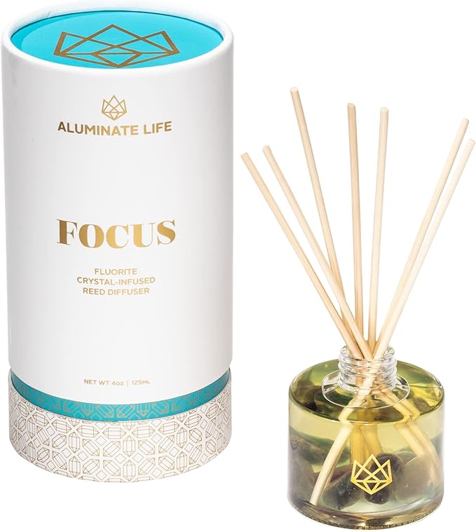 Crystal Infused Reed Diffuser, 4 OZ, Focus - Fluorite Crystal Infused - Scents of Orange, Ginger, Ylang-ylang, & Lavender - Home Decor, House Warming, Stick Perfume, Coffee Table