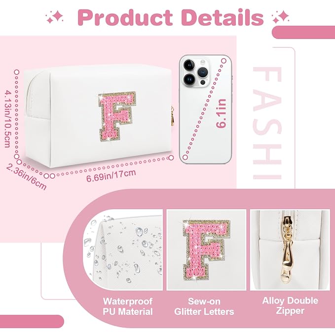 Small Initial Patch Makeup Bag Personalized Gifts Make Up Bag,White Cute PU Leather Glitter Letter Cosmetic Bag with Zipper,Trendy Portable Travel Toiletry Pouch,Preppy Stuff for Teen Girls Women F