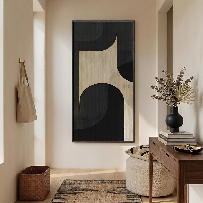 Large Framed Neutral Abstract Wall Art, Black Beige Vertical Canvas Prints Paintings Artwork for Walls, Modern Minimalist Geometric Pictures Wall Decor for Hallway Living Room Bedroom Entryway 30x60