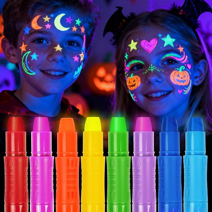 nsxsu Glow in the Dark Face Paint Sticks for Kids 8 Colors, Neon Body Paint Crayons Fluorescent under Black Light, Washable UV Paint Pens for Skin for Birthday Glow Party Accessories Stocking Stuffers
