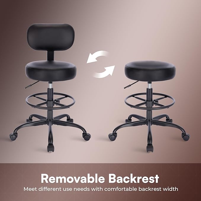 SUPERJARE Drafting Chair with Back, Adjustable Foot Rest Rolling Stool, Multi-Purpose Office Desk Chair, Thick Seat Cushion for Home Bar Kitchen Shop - All Black 7205DD