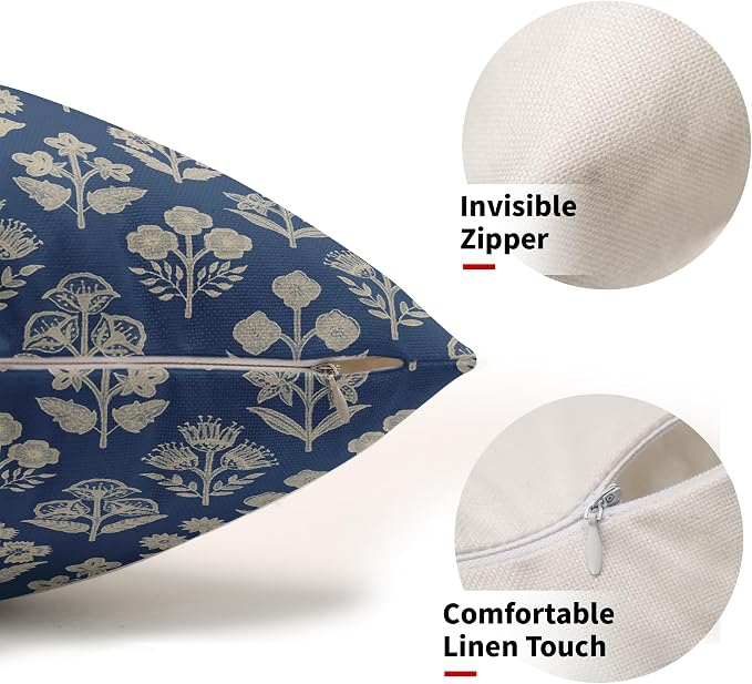 Blue Pillow Covers 12x20 Inch Set of 2, Cream Floral Block Print Pattern Lumbar Decorative Throw Pillowcases Outdoor Farmhouse Rectangle Cushion Covers Spring Summer Sofa Couch Bed Decor