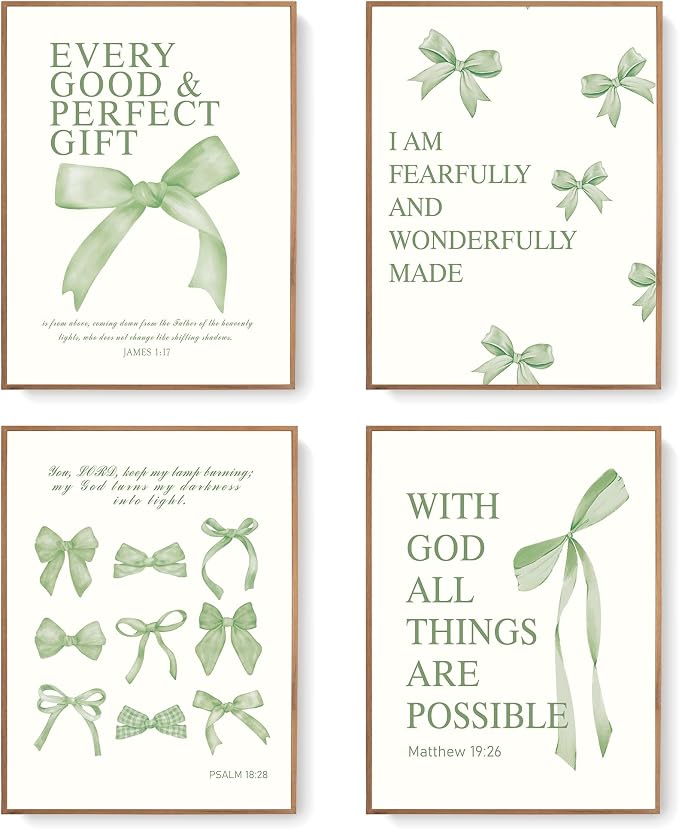 LARTSFRO Coquette Sage Green Bow Wall Art Decor Posters, Sage Green Bow Room Bedroom Bathroom Wall Art Decor Aesthetic for Teen Girls Gifts, Inspirational Bible Verses Bow Wall Decor, 12x16 Inch Set of 4 Bow Pictures Unframed