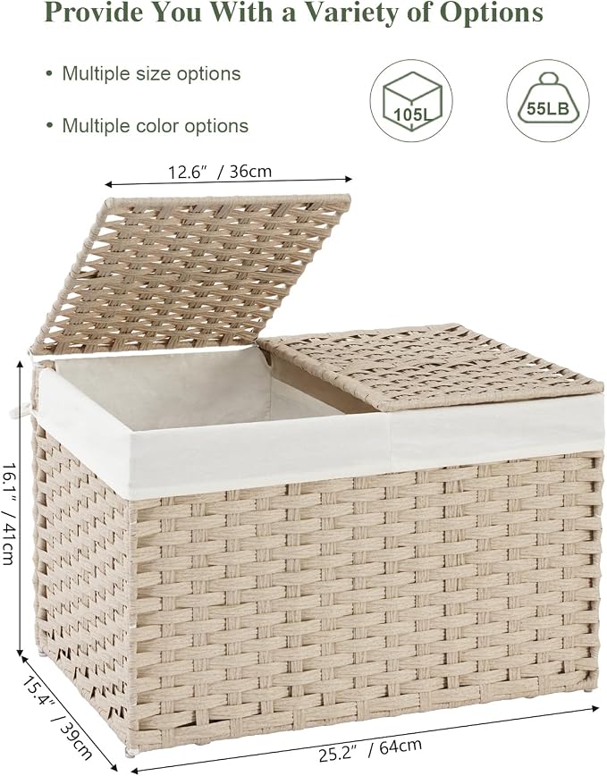 SETVSON Storage Basket with Lid 105L PE Rattan Storage Bin Light Khaki | 2 Removable Liners for Clothes & Blankets, 105L Storage Bin with 2 Separate Lids,Sturdy Metal Frame, PE Rattan