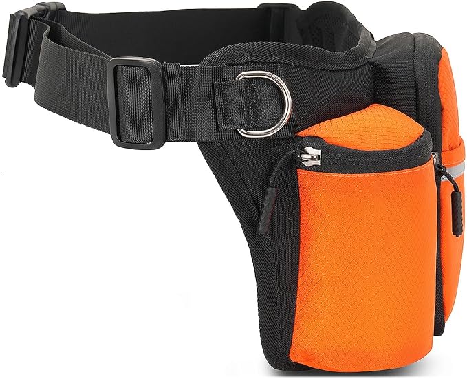 Hands Free Dog Leash Waist Pack with Bungee & Treat Pouch Oxford Water-Resistant Multi-Pocket Belt for Walking Hiking Jogging and Dog Walking (Orange)