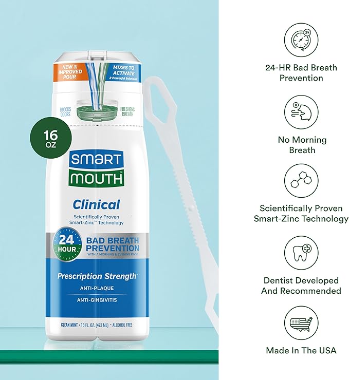 SmartMouth DDS Activated Clinical Mouthwash with Tongue Cleaner - for Fresh Breath - Clinical Strength Mouthwash for Gum Health, Gingivitis & More - Clean Mint Flavor, 16 fl oz