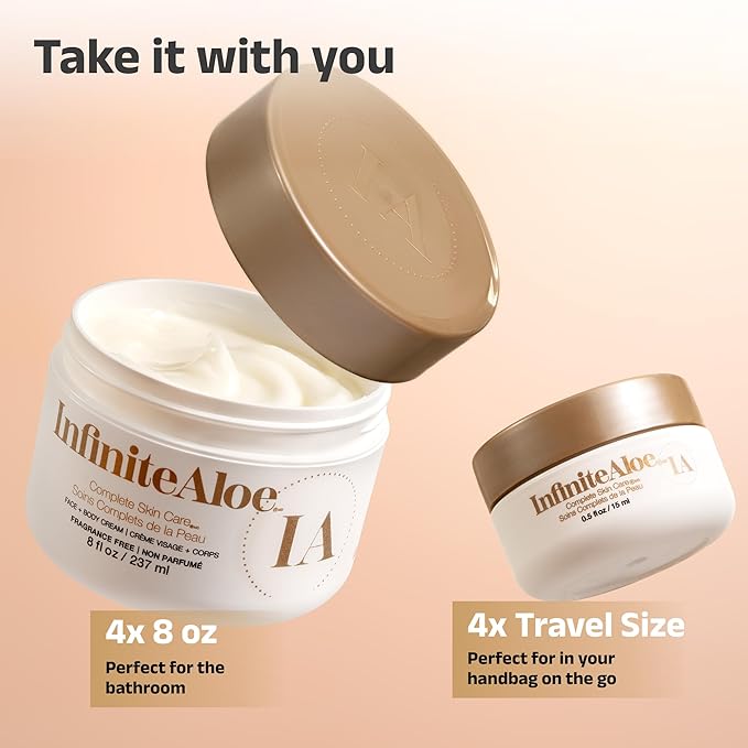 InfiniteAloe Complete Skin Care, Aloe Vera Powered Face and Body Cream for Dry Skin Relief, Fragrance Free - 4 Large Jar 8 oz & 4 Travel Jar 0.5 oz