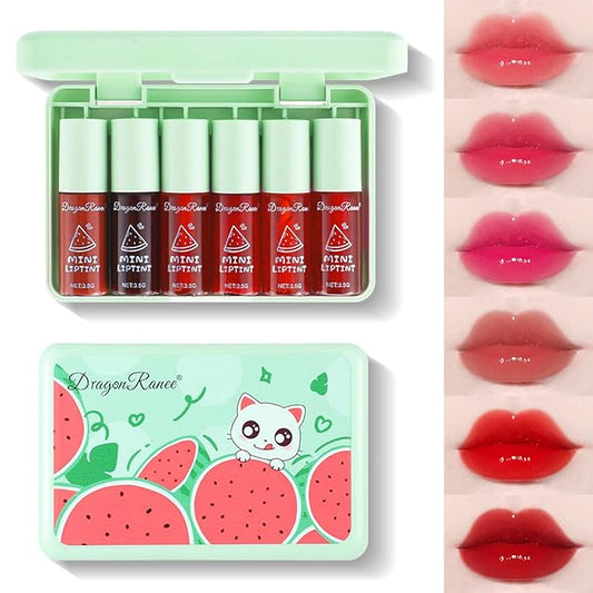 6 Colors Watermelon Lip Stain Set, Korean Velvet Watery Lip Tint Moisturizing Mini Liquid Lip Gloss, Lipstick for Women, Blush for Cheeks, St. Patrick’s Day Gift, Easter, Long-Lasting, High Pigment