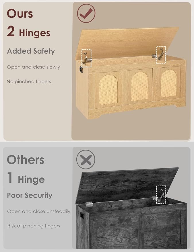 Storage Chest, Wooden Toy Box, Natural Oak 39.4" L | Entryway Shoe Bench, 2 Safety Hinges, Finger-safe Flip-Top, Easy Assembly, Farmhouse Large Trunk, Rattan, Living Room/Bedroom