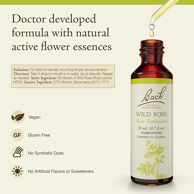 Bach Original Flower Remedies, Wild Rose - Show Enthusiasm - Natural Homeopathic Flower Essence for Emotional Balance - Vegan, Gluten Free, Sugar Free - 20mL Dropper
