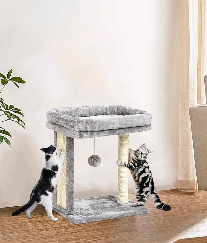 SYANDLVY Cat Tree with Scratching Post for Indoor Cats, Scratching Board with Perch, Cat Post Scratcher with 2 Dangling Balls, Great for Kittens, Grey | Cat Scratching Board with 2 Dangling Balls, Great for Kittens, Grey