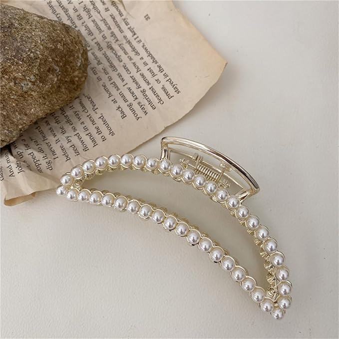 Pearl Hair Claw Clips, Textention Large Size Imitation Pearl Moon Shape Claw Jaw Clips for Women Thick Thin Hair Elegant Clasps Clamps Accessories Headwear Styling Tools for Party Wedding (2 Pack)