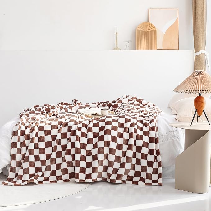 LOMAO Throw Blankets Flannel Blanket with Checkerboard Grid Pattern Soft Throw Blanket for Couch, Bed, Sofa Luxurious Warm and Cozy for All Seasons (Coffee, 40"x60")